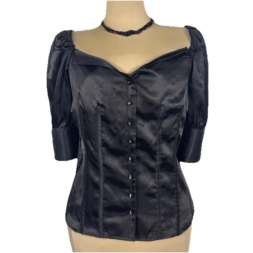 Violet & Claire‎ Black Satin Puff Sleeve Corset Style Blouse Top M Whimsigoth